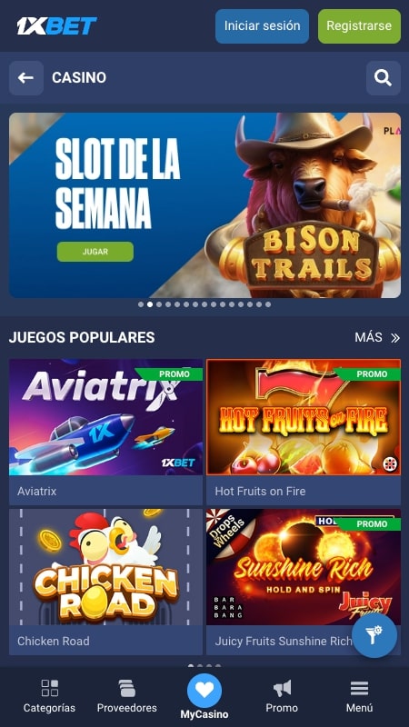 Interfaz del casino de 1xbet