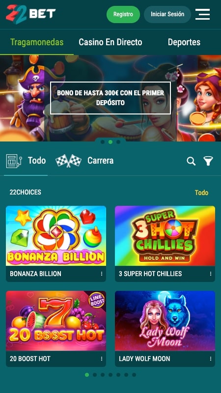 Interfaz del casino de 22Bet
