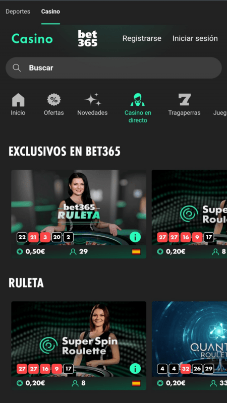 Juegos con crupier en vivo del casino Bet365