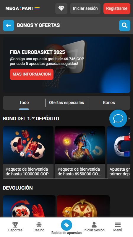 Página de promociones en Megapari