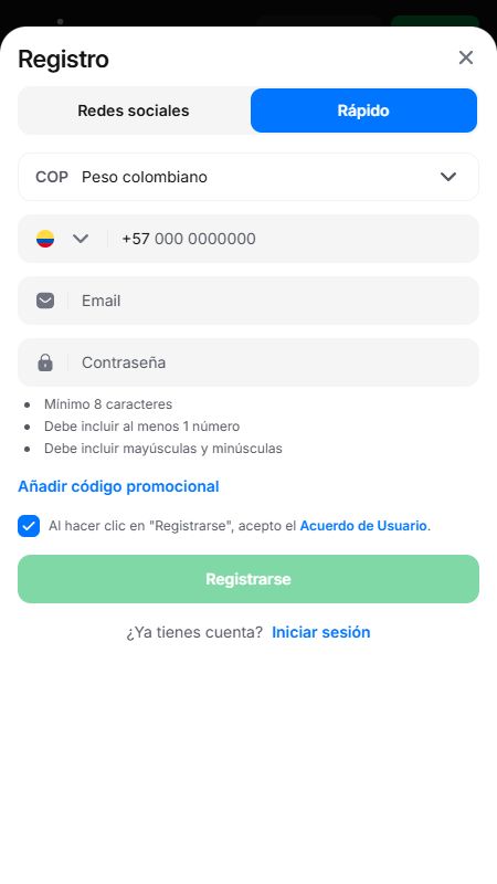 Crear una cuenta en 1win