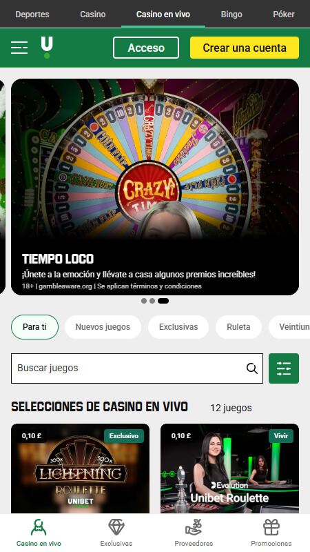Unibet selecciones de casino en vivo