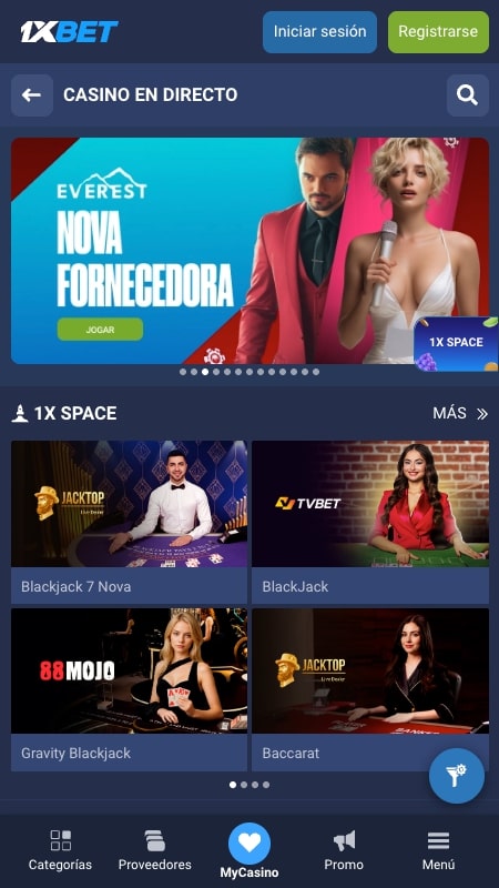 Interfaz del casino en vivo de 1xbet