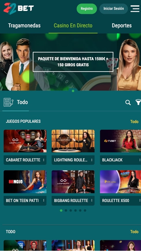 Interfaz del casino en vivo de 22Bet