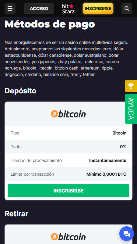 Métodos de pago aceptados en bitStarz